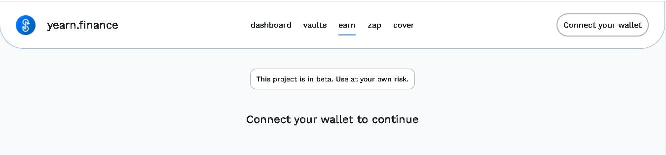 "Este proyecto está en beta. Utilízalo bajo tu propio riesgo" en el sitio web oficial de yearn.finance