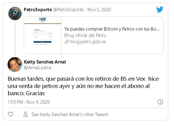 Reclamo desde Twitter hacia la cuenta de soporte de la criptomoneda Petropor demora en procesamiento de retiro. Fuente: Twitter.