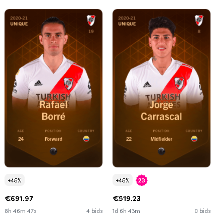 Cartas coleccionables de Rafael Borré y Jorge Carrascal en la plataforma de Sorare. Fuente: Sorare.com