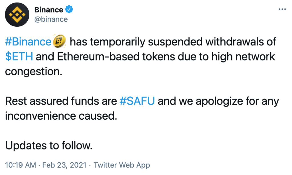 Binance suspende retiros ETH