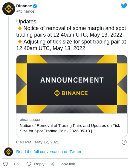 Binance elimina LUNA y UST