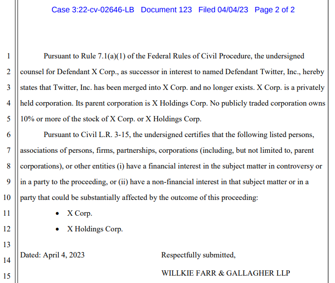 Documento judicial que revela la fusión de Twitter y X Corp