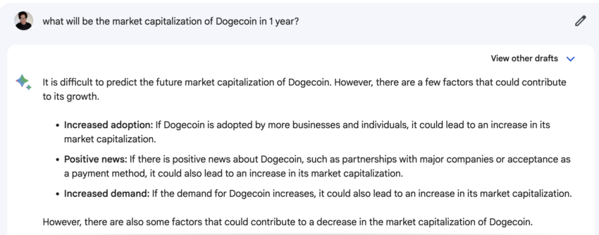 La IA de Google no pudo adivinar la capitalización de mercado de DOGE en un año.