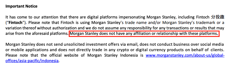 Comunicado de Morgan Stanley negando la relación con DF Fintoch.