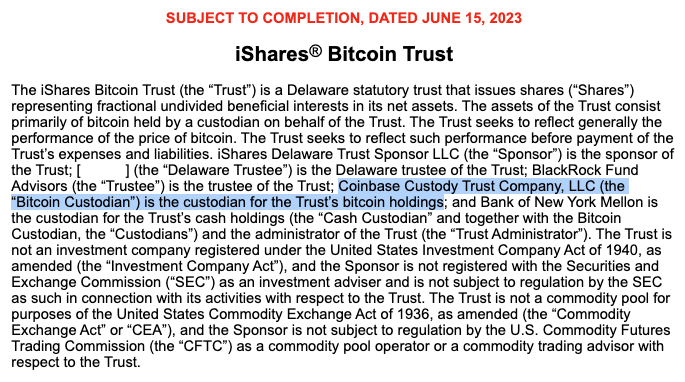 Extracto del registro de la solicitud ante la SEC para el ETF de Bitcoin de BlackRock donde escoge a Coinbase como custodiante.