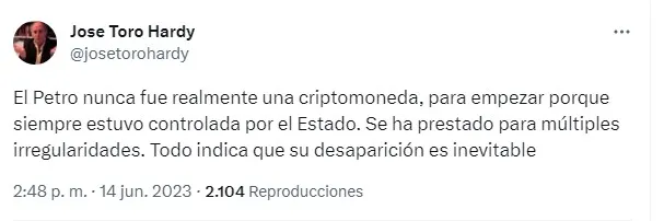 Venezuela Petro tuit.
