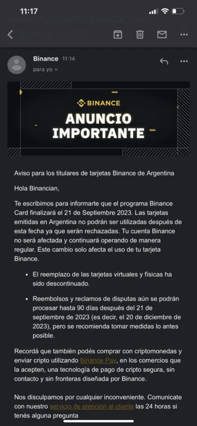 Anuncio sobre la cesación de la Binance Card Argentina