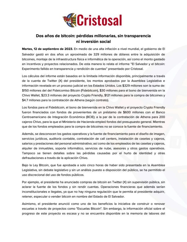 El reporte presentado por Cristosal sobre El Salvador.