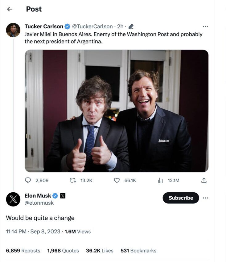 Tucker Carlson entrevista a Javier Milei, candidato pro Bitcoin a presidente de Argentina - Elon Musk se pronuncia
