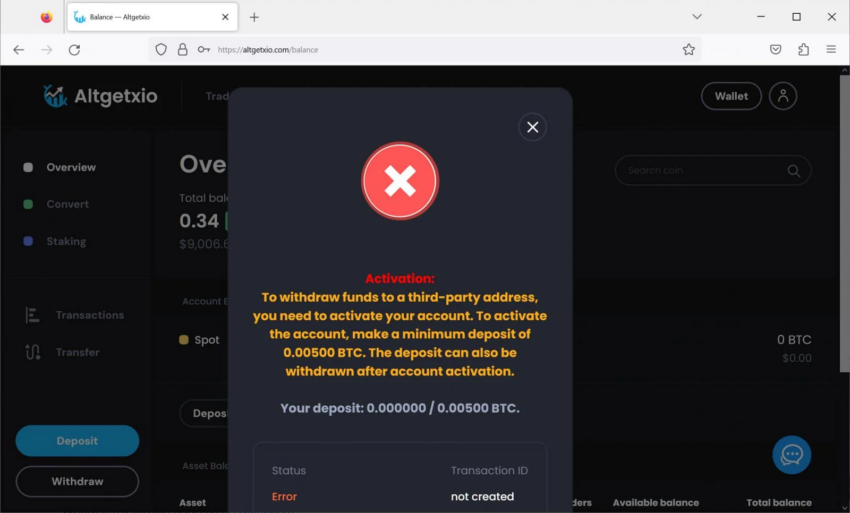 El sitio web fraudulento pide a los usuarios que depositen 0,005 BTC para activar la cuenta.