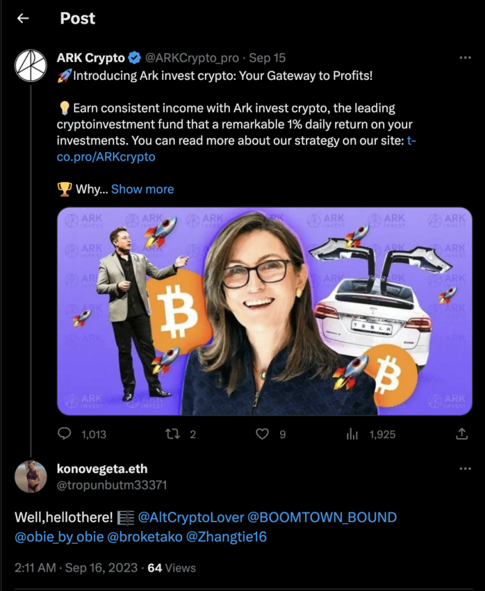 Una captura de pantalla de la cuenta X (Twitter) haciéndose pasar por Ark Invest.