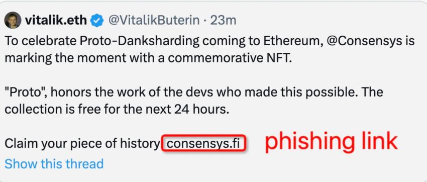 PeckShield advierte sobre el ataque de phishing contra la cuenta de Vitalik Buterin en X (Twitter)