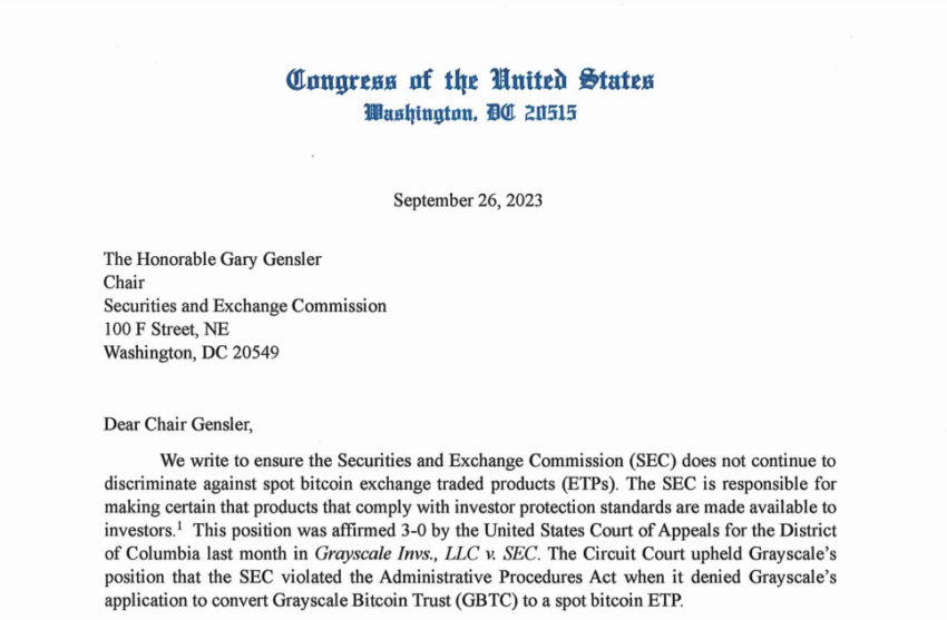 Congresistas pidieron a la SEC que "no discrimine" los ETF de Bitcoin Spot o al contado.