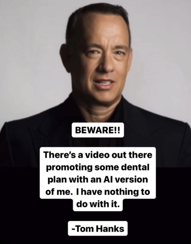 Captura del posteo del actor Tom Hanks en Instagram denunciando la recreación de su imagen con IA.