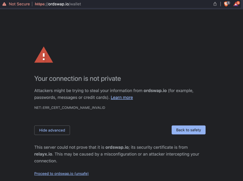 Mensaje de advertencia de Google sobre la suspensión temporal de Ordswap tras el hack de phishing. 