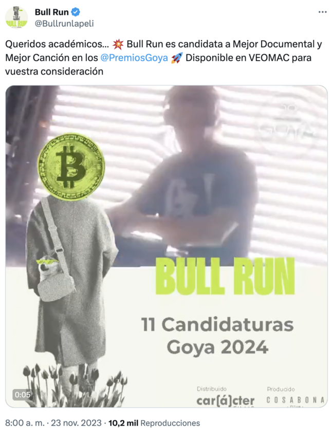 La película documental sobre Bitcoin y criptomonedas es candidata a los Premios Goya 2024.