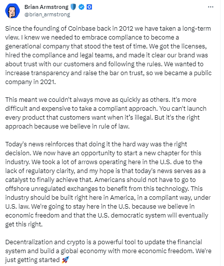 El CEO de Coinbase explica la postura de su empresa ante el conflicto de Binance en Estados Unidos. 
