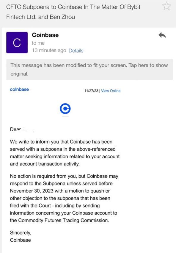 Captura de pantalla del correo electrónico de Coinbase
