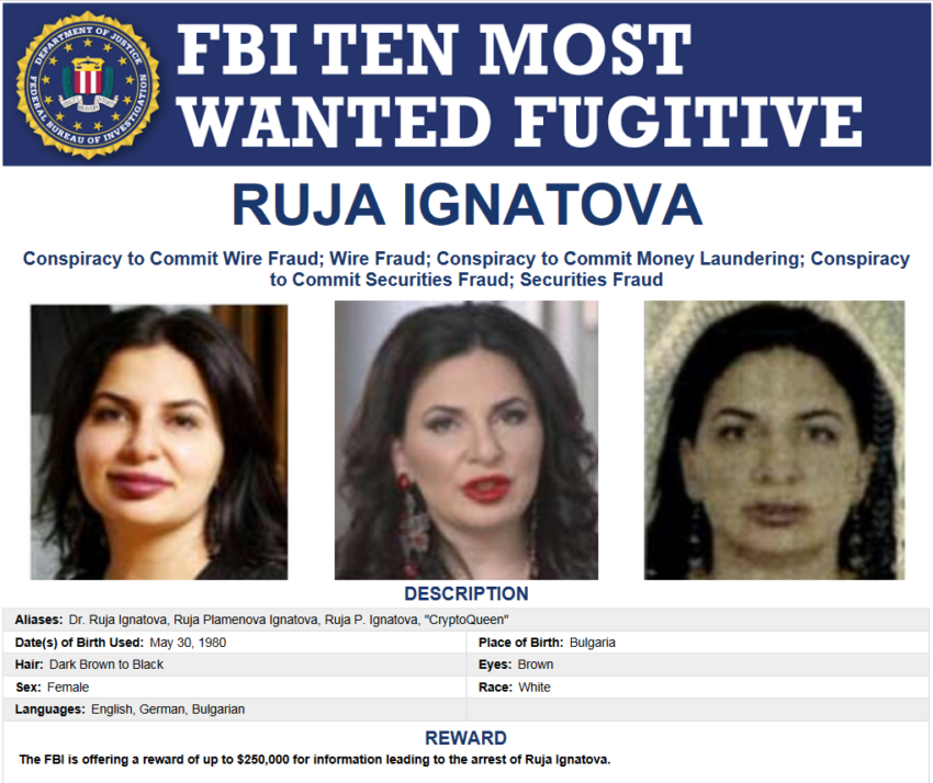 La "criptoreina" Ruja Ignatova, por el scam cripto OneCoin, está en la lista de los 10 criminales más buscados del FBI. 