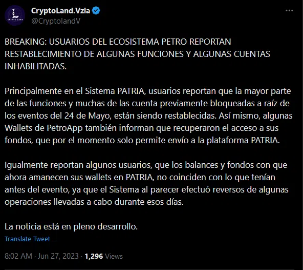 Reportes en redes denunciando el fin de las actividades del Petro venezolano. 