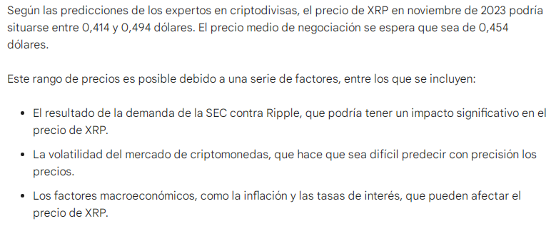 Predicción del precio de XRP para noviembre 20023. Fuente: Google Bard