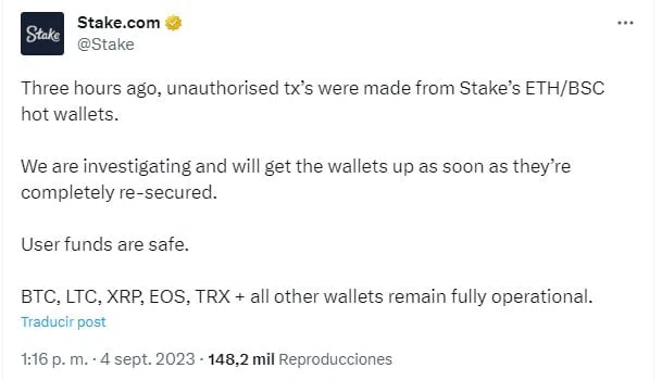 Stake.com confirma el hack de criptomonedas. Fuente: X