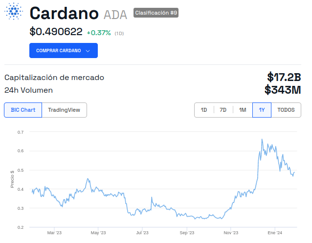 Evolución del precio de Cardano (ADA) - 1 año