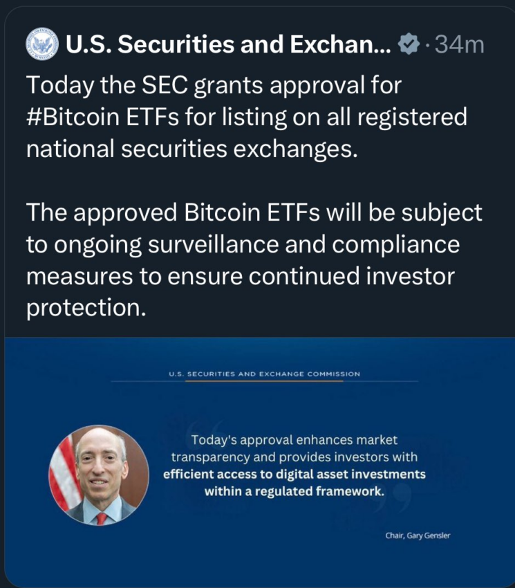 Post inicial que anunciaba la aprobación de los ETF de Bitcoin por parte de la SEC. Fuente X/@JSeyff