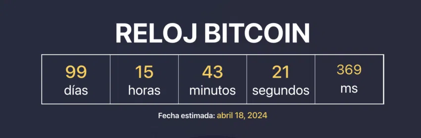 El reloj muestra que falta menos de 100 días para el próximo halving de Bitcoin. Fuente: buybitcoinworldwide.com