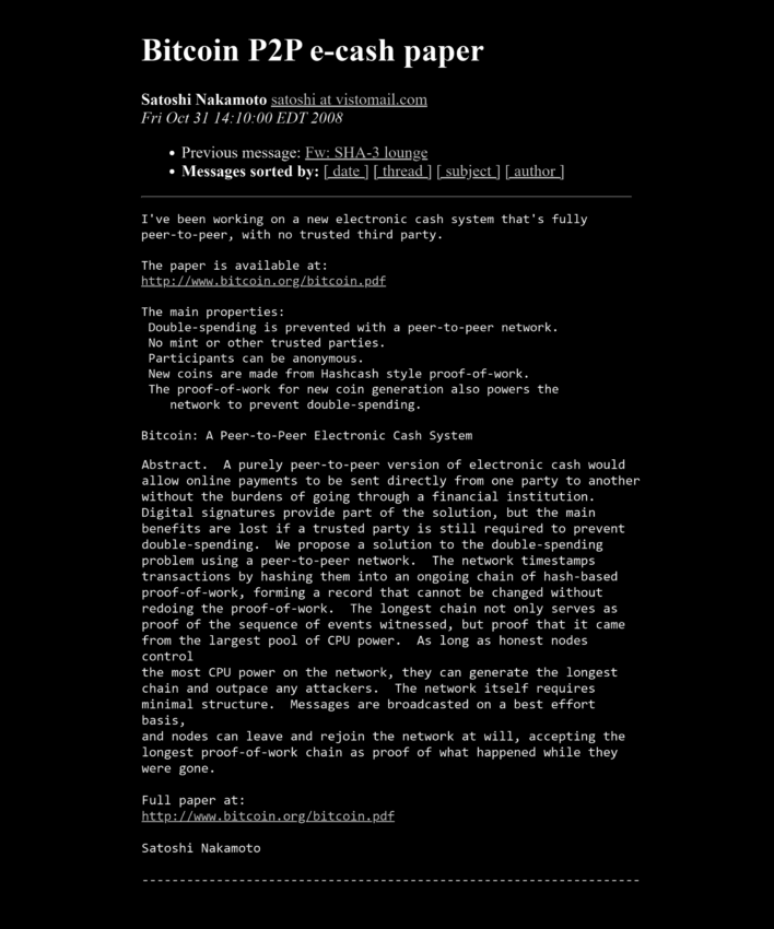 Carta de Satoshi Nakamoto a un grupo de entusiastas de las criptomonedas en la que presentó el concepto de Bitcoin.