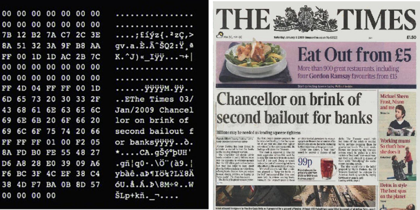 Mensaje en el primer bloque de Bitcoin y editorial de The Times del 3 de enero de 2009.