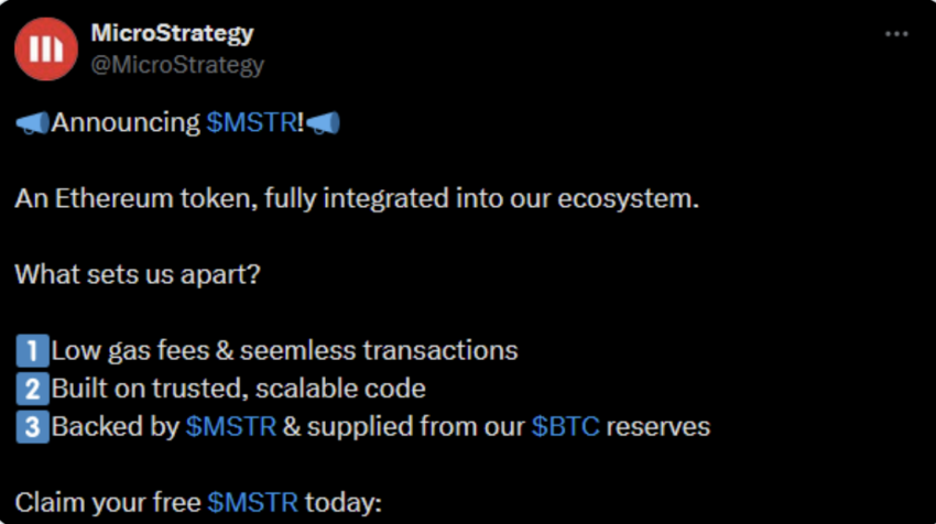 Publicación comprometida de MicroStrategy en X, anunciando $MSTR. 