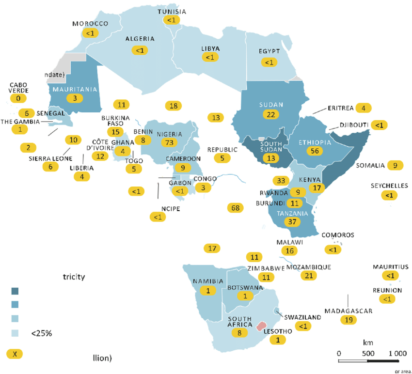 Países africanos por porcentaje de población sin acceso a la electricidad (2016), a donde llegaron mineros de China. 
