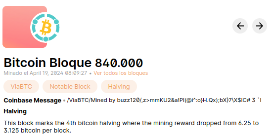 El cuarto halving de Bitcoin se ha completado en el bloque 840,000