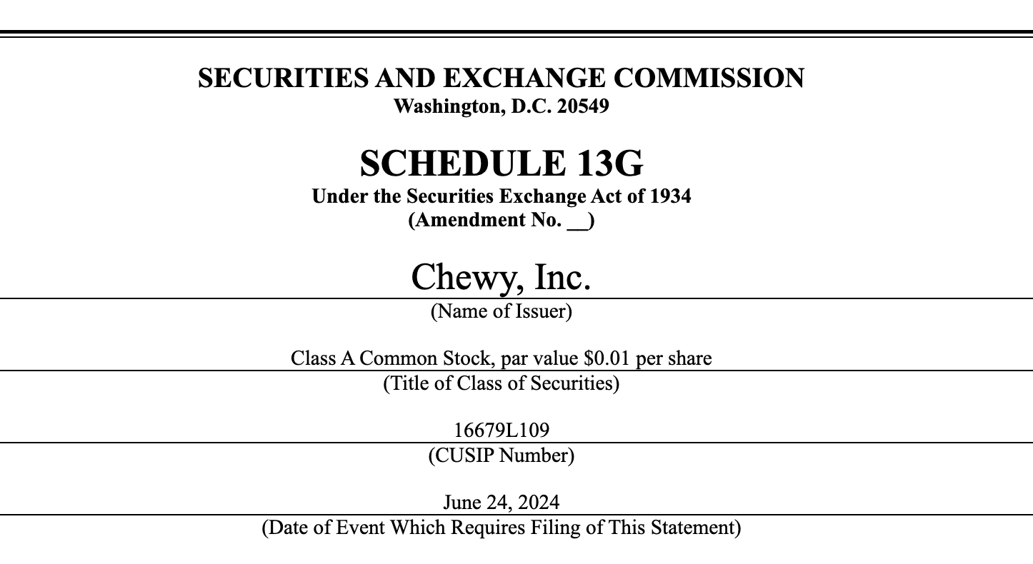 Roaring Kitty informou sobre seu investimento na Chewy (CHWY). Fonte: SEC